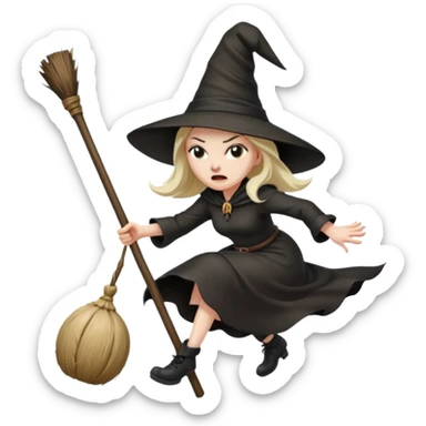 angry faced witch flying on a broom sticker