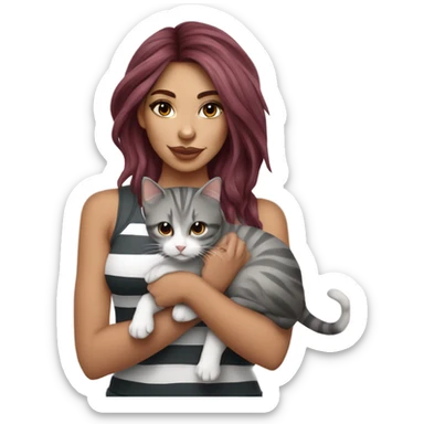 Beautiful burgundy haired tattooed woman holding gray and white striped long hair cat sticker