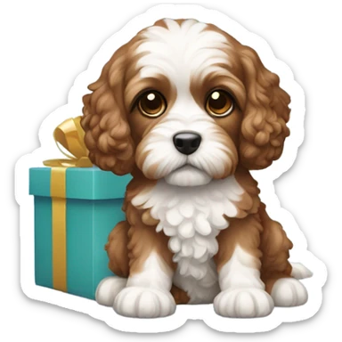 Brown and white cavapoo and gift box sticker