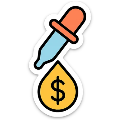 colored icon of a pipette at the top of a golden drop with a dollar sign inside the drop sticker