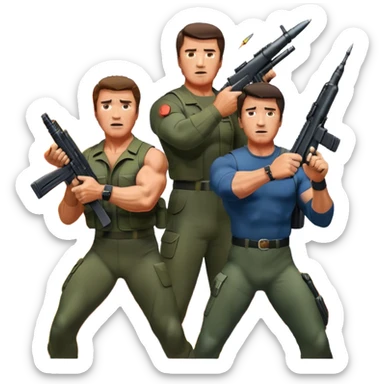 Icon for Action Movies: Close-up collage featuring Schwarzenegger in 'Commando' and  Stallone in 'Rambo', in bold poses. Background includes explosions, rockets flying, and machine guns. The style is reminiscent of a cinematic movie poster with intense, dramatic colors. Transparent background. sticker