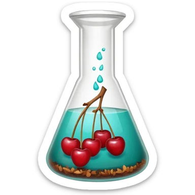 A science beaker filled with teal chemical, cherries, and wood chips sticker