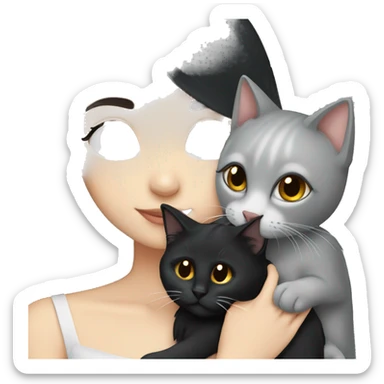 White skin girl with long black hair and black eyes hugging a grey cat sticker
