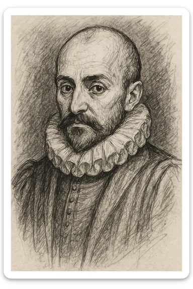 a hand drawn black outline portrait of philosopher Montaigne with similar-sized eyes based a famous portrait of him sticker