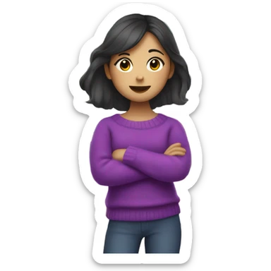 Half Asian girl with a bright purple sweater working at an art store and holding too many art supplies sticker