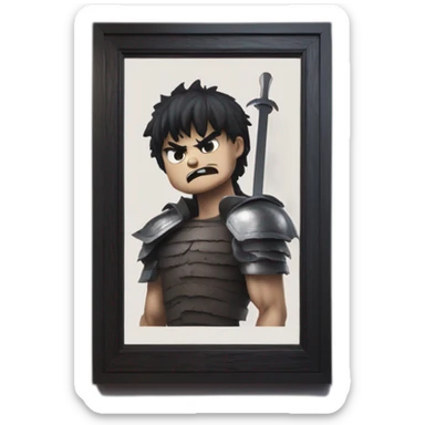 angry berserk guts carrying a huge sword on his shoulder framed on his bust sticker