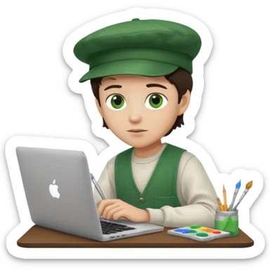 boy working in Macbook, him hat same like painter artist, eyes green color, color hair dark brown sticker