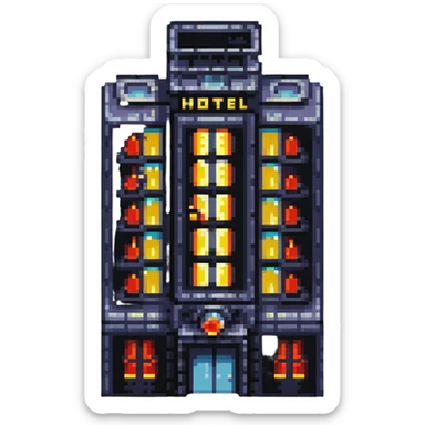 skyscraper hotel with lit windows and entrance sticker