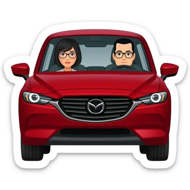Camioneta roja mazda, con una mujer en el volante de pelo negro y lentes, y un copiloto hombre de pelo corto negro y lentes sticker