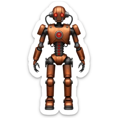A medium-sized exoskeleton power suit, rusted metal, exposed wires, hydraulic legs, glowing red core, steampunk cyber style emoji. sticker