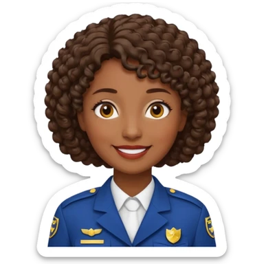 Middle-aged Female: dark skin, wearing uniform, approachable face, curly short brown hair sticker