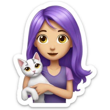 A girl with purple hair and a cat is petting her sticker