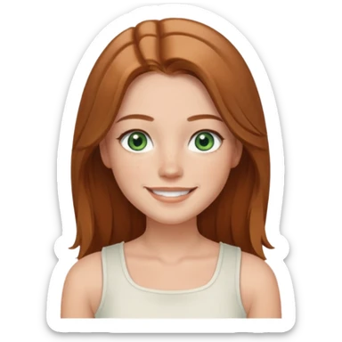 emoji of a woman named Freya McOmish, smiling, green eyes, long light brown hair with a center part, subtle freckles, modern casual style, broad shoulders, wearing a white sleeveless square neck top sticker