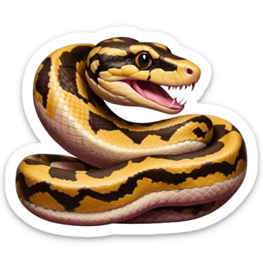 A photo-realistic digital illustration of a Ball Python, large headshot portrait. The snake has a short, rounded snout, smooth contours, and a wide, slow yawn exposing its soft pink mouth. Its head is warm brown with bold, irregular dark markings, including the signature “alien-head” pattern. sticker
