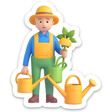 young white male gardener with watering can sticker