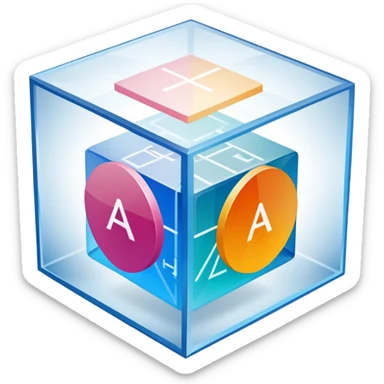 An icon featuring a transparent cube with geometric sections and mathematical calculations, symbolizing the study of mathematics. The design includes algebraic formulas, graphs, and mathematical symbols, representing advanced mathematical concepts and problem-solving. Transparent background sticker