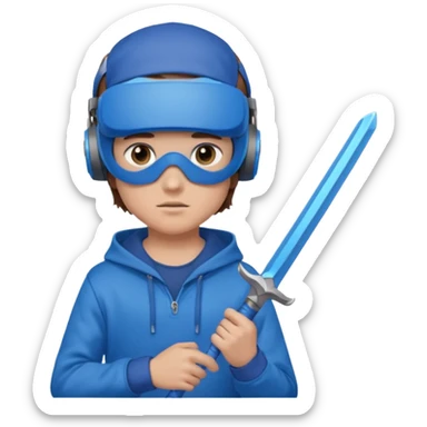 a boy with brown hair, a blue vr headset. a blue hoodie and a blue sword sticker