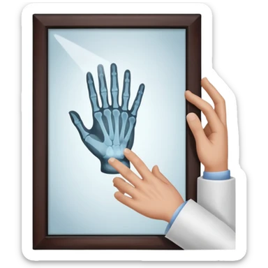 Radiografía de mano sostenida por un hombre con bata blanca  piel clara cabello café obscuro sticker