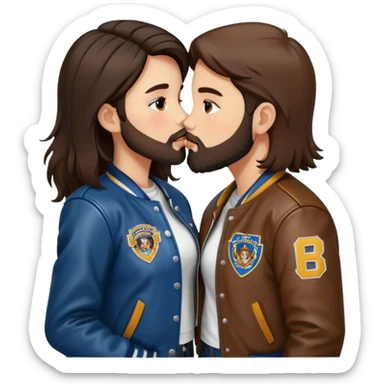 A brunette girl with a letterman jacket kissing a brunette boy with a beard and leather jacket  sticker