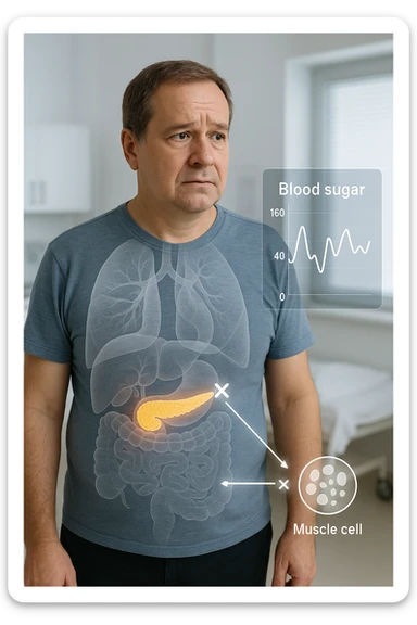 a middle-aged man stands in a clinical setting, with a semi-transparent overlay showing his internal organs. His pancreas is highlighted, and glowing lines or icons indicate disrupted insulin signaling between the pancreas and muscle or fat cells. The man’s expression is slightly concerned, and a digital chart beside him displays fluctuating blood sugar levels. The lighting is realistic, with a clean, modern medical background. in italiano sticker