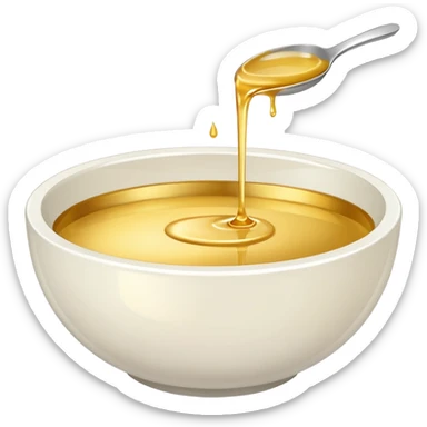 white bowl filled with gold liquid, plain, smooth surface, no spoon, simple, clear sticker