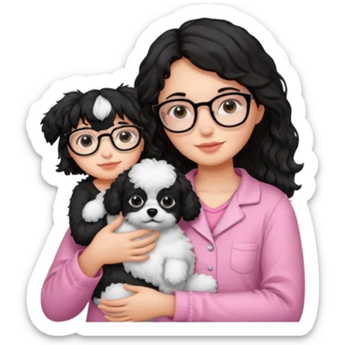 soft wavy black haired girl wearing black framed glasses in a pink pjs while holding her fluffy dog sticker