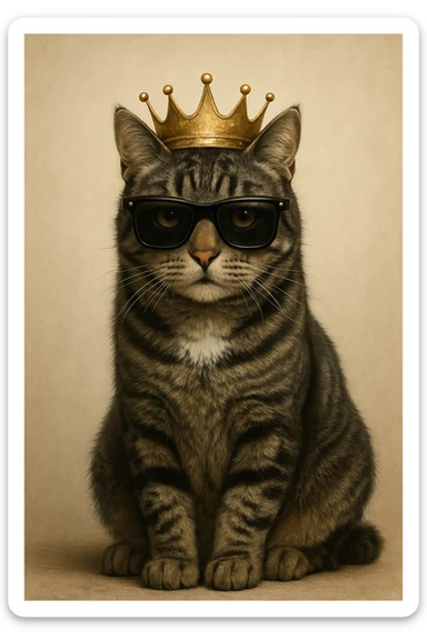 highly realistic digital illustration of a Mackerel tabby cat, dark grey with black stripes, amber eyes, and a white chest patch. The cat sits calmly, slightly forward-facing, with a golden crown and black sunglasses. Lifelike and detailed. sticker