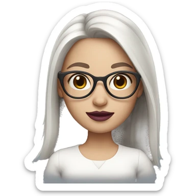memoji very white skinned girl with long dark brown hair and oval glasses and dark pink lips sticker