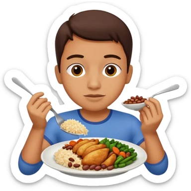 Create a person having lunch. Not a sandwich. Rice, beans, vegetables and chicken. sticker