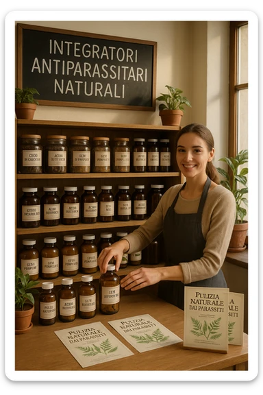 A realistic, well-lit herbal supplement store interior with wooden shelves neatly displaying glass jars and bottles labeled as ‘Chiodi di Garofano’, ‘Acido Butirrico’, and ‘Semi di Pompelmo’, organized in a clean and aesthetic manner. Small handwritten chalkboard signs indicate ‘Natural Antiparasitic Supplements’ above the section. The environment feels warm and trustworthy, with potted green plants adding freshness and a subtle sunlight entering through a window. A young shop assistant with a welcoming smile arranges the products, while informational leaflets about natural parasite cleansing are visible on a wooden counter, creating a holistic and health-conscious atmosphere in Italiano sticker