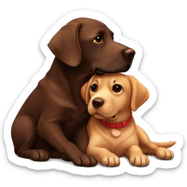 Chocolate Labrador cuddling a red Labrador  sticker