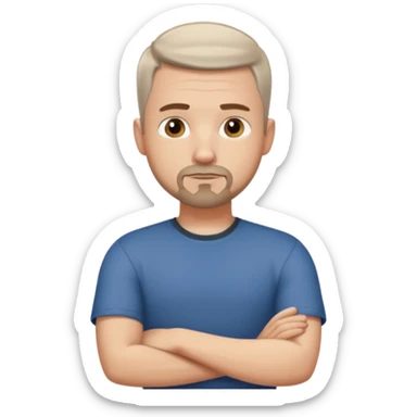 White man with short dark taper fade hair cut and slight goatee and neutral expression with his arms folded sticker
