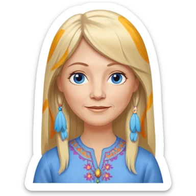 50 yr old white woman, hippie part bangs, very long straight blond hair, oval face, small smile, blue eyes, thin face, hair downback, hair parted at center of head, round cheeks, pale, longer hair, dress shirt sticker
