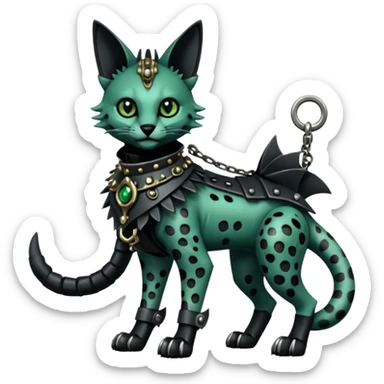 Epic complex detailed dark dusky gloomy deep gothic dark-deep-green, black, realistic Fakémon-Sprigatito-Floragato-Meowscarada-Trico-Sergal-Serval-Vernid-creature (full body) with metal gears and metal knight collar sticker