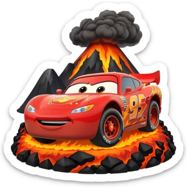 Lightning McQueen driving through a volcano sticker