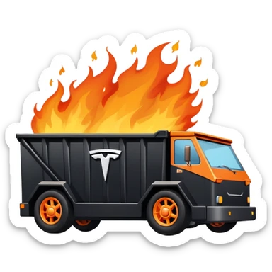 dumpster on fire with wheels and tesla badge sticker