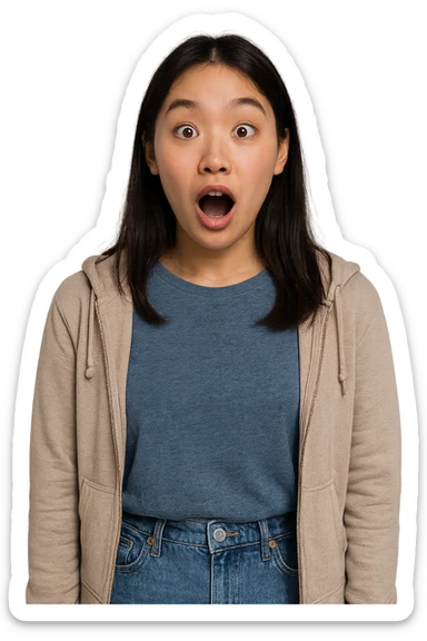 18-year-old Asian Finnish woman, surprised expression, modern casual style, clear facial features, no background sticker