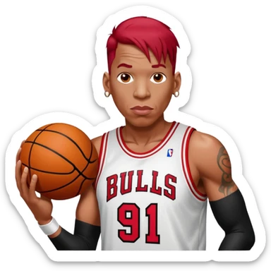 Dennis Rodman with a basketball and “91 “Chicago bull.with a very short red hair sticker