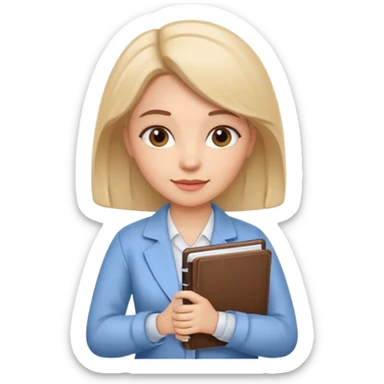 Cute female psychologist character, friendly and professional, holding a notebook, therapy office background, cartoon style, white background sticker