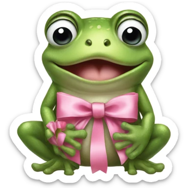 Frog wearing pink satin bow on his head holding a small teddybear in his hands sticker