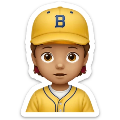 brown hair baby with yellow baseball jersey and hat sticker