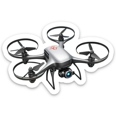 An icon showing a racing quadcopter drone in the foreground, flying at high speed through a course filled with obstacles and checkpoints. Other drones zoom in the background over a dynamic landscape. Transparent background highlights the thrill and precision of drone racing. sticker