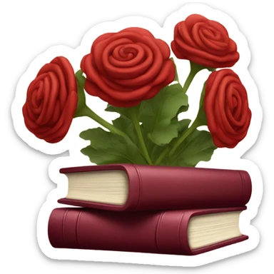 A red stack of books with a maroon bouquet of vintage-style Brats sticker