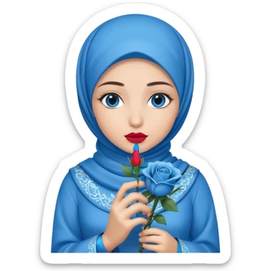 Turkish beautiful finish Konya girl blue eyes with blue hijab islamic dress and had on her hand blue rose design lipstick and hold it sticker