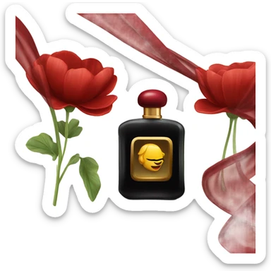 Dark red sophisticated perfume bottle with red buttercups and a silk scarf sticker