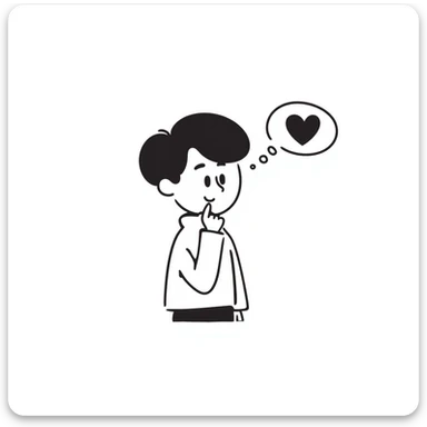 boy with hand on chin, thought bubble with a heart and question mark, simple lines sticker