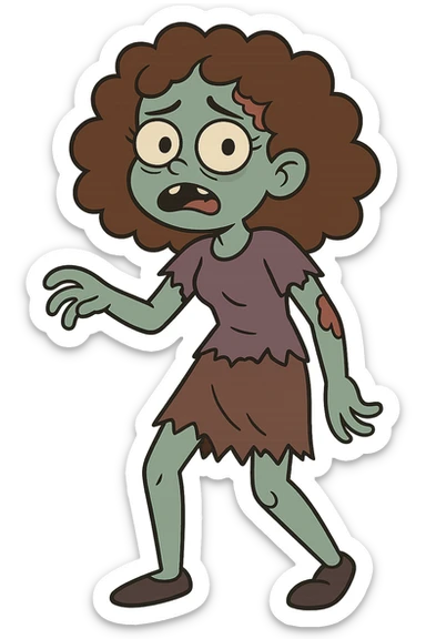 zombie girl with curly brown hair and brown eyes, cartoon style sticker