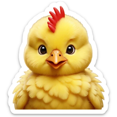 Cinematic Cute Yellow Baby Chicken Portrait Emoji, Head tilted playfully and inquisitively, featuring a fluffy, vibrant yellow downy coat with a tiny red comb, round, sparkling beady eyes filled with curiosity, Simplified yet irresistibly adorable features, highly detailed, glowing with a warm, friendly glow, high shine, affectionate and lively, stylized with a touch of playful whimsy, bright and endearing, soft glowing outline, capturing the essence of a mischievous yet loving chick, so playful it feels like it could peep out of the screen and into your arms! sticker
