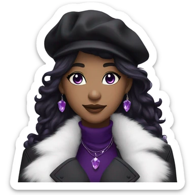 black hair, long messy hairstyle, beret hat, purple eyes, smile, long black trench coat with white fur around the neck, purple crystal earrings, purple crystal necklace, black pants sticker
