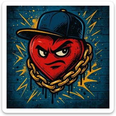 heart in rap style with hip-hop elements, chain, cap, bold look sticker